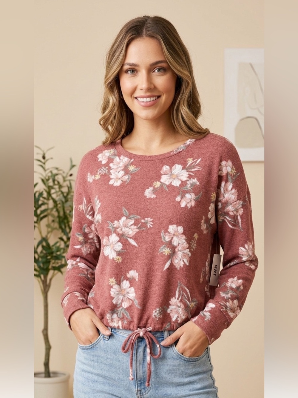 Moondance Floral Hacci Knit Pullover Top Rust Mauve Drop Shoulder NWT M
